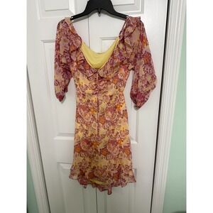 Rewind Women's Off the Shoulder Ruffle Hem Pink FLoral Print Chiffon Dress XL